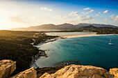  Panorama, sunset, Torre di Porto Giunco, Spiaggia di Porto Giunco, Capo Carbonara, Villasimius, south coast, Sardinia, Italy 