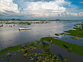  Aerial view of river cruise ship RV Mekong Discovery (Thurgau Travel) on the Tonle Sap River, Phsar Chhnang, Kampong Chhnang, Kampong Chhnang, Cambodia, Asia 