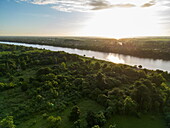  Aerial view of a Mekong tributary at sunrise, Preaek Pou, Srey Santhor District, Kampong Cham, Cambodia, Asia 