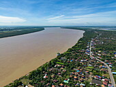  Aerial view of Mekong River and Opopel village, Khchau, Kang Meas District, Kampong Cham, Cambodia, Asia 