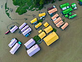  Aerial view of colorfully painted fish farms at Hau River (Bassac River), Chau Phong, Tan Chau, An Giang, Vietnam, Asia 