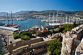 Elevated view of Bodrum city from the wall of the Castle of The Knights of St.John (The Castle of St. Peter). Bodrum, Mugla province, Turkey.