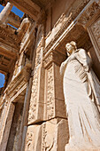 A statue at the facade of Celsus Library in the ancient city of Ephesus, a UNESCO World Heritage Site. Izmir Province, Turkey.