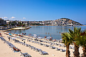 Elevated view of the beach in Kusadasi, a large resort town on the Aegean coast of Aydin Province, Turkey.