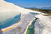 Scenic view of travertine terraces of Pamukkale. Denizli Province, Turkey.