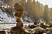  Stone tower on the river Breitach, winter landscape, river landscape, gravel bed, river bed, stones, Austria Kleinwalsertal, \n 