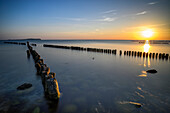  X-buhne, cross-buhne on the Baltic Sea beach Dranske at sunset with light reflections, golden hour, Baltic Sea, Baltic Sea island, Rügen, Germany\n 