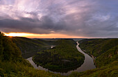  Great Saar loop near Mettlach at sunrise, Cloef viewpoint, river landscape, breakthrough valley of the Saar, panorama, Saarland, Germany\n 