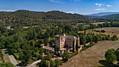  Aerial photograph of winery, hotel, castle Château d&#39;Allemagne en Provence, drone shot, France, Southern France\n 