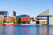  Inner Harbor with National Aquarium, Pratt Street Power Plant and Historic Ships in Baltimore, Maryland, USA 