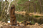  Wooden figure at the moor lake in the Ribnitzer Großes Moor nature reserve near Graal-Müritz, Mecklenburg-Vorpommern, Germany  