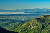  View from Mombarone over the basin of Turin to the Cottian Alps with Monviso, Colma di Mombarone, GTA, Grande Traversée des Alpes, Biella, Alpi Biellesi, Valais Alps, Piedmont, Italy 