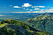  View from Mombarone over the basin of Turin to the Cottian Alps with Monviso, Colma di Mombarone, GTA, Grande Traversée des Alpes, Biella, Alpi Biellesi, Valais Alps, Piedmont, Italy 