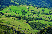  Deep view from the Mombarone to the alpine pasture of Salvina, Colma di Mombarone, GTA, Grande Traversée des Alpes, Biella, Alpi Biellesi, Valais Alps, Piedmont, Italy 