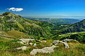  Deep view from Col Carisey to Biella and Italian lowlands, GTA, Grande Traversée des Alpes, Biella, Alpi Biellesi, Valais Alps, Piedmont, Italy 