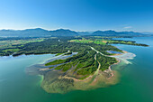  Panorama of Lake Chiemsee with Achendelta and Chiemgau Alps in the background, Chiemsee, Upper Bavaria, Bavaria, Germany 