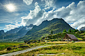  Hut Rifugio Combal with Val Veny and Aiguille des Glaciers, Val Veny, Tour du Mont Blanc, Mont Blanc Group, Graian Alps, Aosta Valley, Italy 