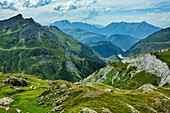  View from the Col du Bonhomme to Lac du Roselend, Tour du Mont Blanc, Mont Blanc Group, Graian Alps, Haute-Savoie, Upper Savoy, France 