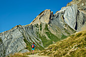  Woman hiking ascends to Col de la Seigne, Val des Glaciers, Tour du Mont Blanc, Mont Blanc Group, Graian Alps, Haute-Savoie, Upper Savoy, France 