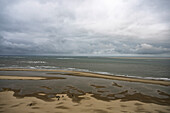 A cloudy sky over a vast beach with tidal pools and a distant horizon.