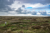 A person with a backpack walks through a vast, grassy landscape under a cloudy sky.