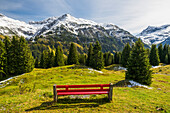  red bench, view of the Lechquellen Mountains from Oberlech, Vorarlberg, Austria 