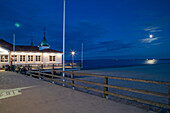  The moon over the Ahlbeck pier in the evening, Baltic Sea, Usedom Island, Ahlbeck, Mecklenburg-Western Pomerania, East Germany, Germany, Europe 