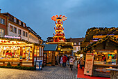  Christmas pyramid at the Paderborn Christmas market at dusk, Paderborn, North Rhine-Westphalia, Germany, Europe 