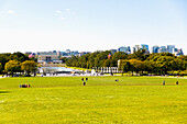  View from the Washington Monument to The World War II Memorial with fountain and reflecting pool and Lincoln Memorial at the National Mall and Memorial Parks in Washington DC, District of Columbia, USA 