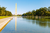  The Washington Monument and Reflecting Pool at the National Mall and Memorial Parks overlooking US Capitol in Washington DC, District of Columbia, USA 