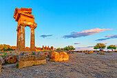 Temple of Castor and Pollux at sunset, Valley of Temples, Agrigento, Sicily, Italy