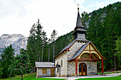  Chapel of St. Mary at Lake Braies. Dolomites, South Tyrol, Italy, Europe 