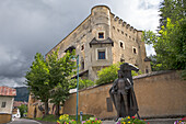 Statue of Emperor Maximilian I in memory of his stay at Toblach, beside the Herbstenburg Castle, Dobbiaco (German: Toblach), Val Pusteria, Trentino-Alto Adige, Sudtyrol, South Tyrol, Italy, South-central Europe