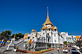 Exterior view of the Wat Traimit Temple on a bright sunny day. Bangkok, Thailand.