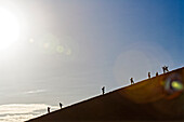 Touristen erklimmen eine Sanddüne, Sossusvlei, Namib-Naukluft-Nationalpark, Namibia, Afrika