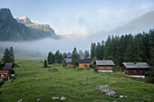 Nebel durchzieht den Nenzinger Himmel (Alpe im Gamperdonatal bei Nenzing), Vorarlberg, Österreich, Europa