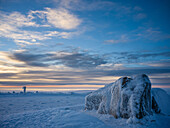  The Brockenstein on the Brocken summit at sunrise, Brocken, Harz, National Park, Schierke, Wernigerode, winter, frost, ice, Harz district, Saxony-Anhalt, Eastern Germany, Central Germany, Northern Germany, Germany, Europe 