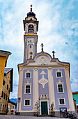 Beautiful Church with Clock Tower in Old Town in a Summer Day in Samedan, Grisons, Switzerland.