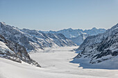 Beautiful Aletsch Glacier in a Sunny Winter Day with Snowcapped Mountain with Sunlight in Jungfraujoch in Berner Oberland, Grindelwald, Canton Bern, Canton Valais, Switzerland.