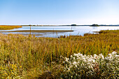Gordon Pond und Blick auf Beobachtungstürme WWII Artillery Fire Observation Tower im Cape Henlopen State Park in Lewes, Sussex County, Delaware, USA
