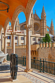 View of Palau March and La Seu Cathedral in the distance, Palma de Mallorca, Mallorca, Balearic Islands, Spain