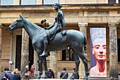 Sculpture, Amazon on horseback by Louis Tuaillon in front of Neues Museum, Berlin, Germany.