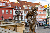  Bronze sculptures of Gotha virtues on the balustrade of the horse trough at the main market, Gotha, Thuringia, Germany  