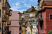 View through streets of Riomaggiore, Cinque Terre, Italy