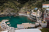 Cloudy View of Buildings and port in Vernazza, Cinque Terre, Italy