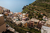 Summer View of buildings from above in Manarola, Cinque Terre, Italy