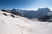 Blick auf das Gletschermeer am Mont-Blanc, Mer de Glace, Vallee Blanche, Chamonix Mont Blanc, Haute Savoie, Frankreich