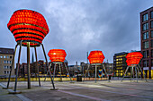  Illuminated sculptures Dortmund Roses in front of the Dortmund landmark U at dusk, Dortmund, North Rhine-Westphalia, Germany, Europe 