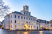  The town hall at dusk, Weimar, Thuringia, Germany, Europe 
