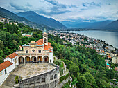  Madonna del Sasso pilgrimage church with Lake Maggiore in the background, Orselina, Locarno, Ticino Alps, Ticino, Switzerland 